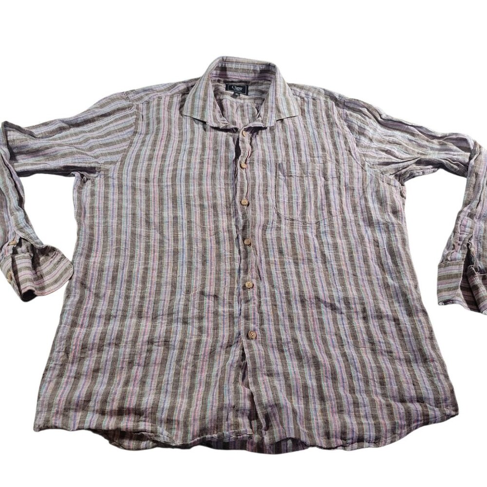 Cigar Couture Shirt Mens XL Linen Striped Long Sleeve Colorful Button Up Beachy